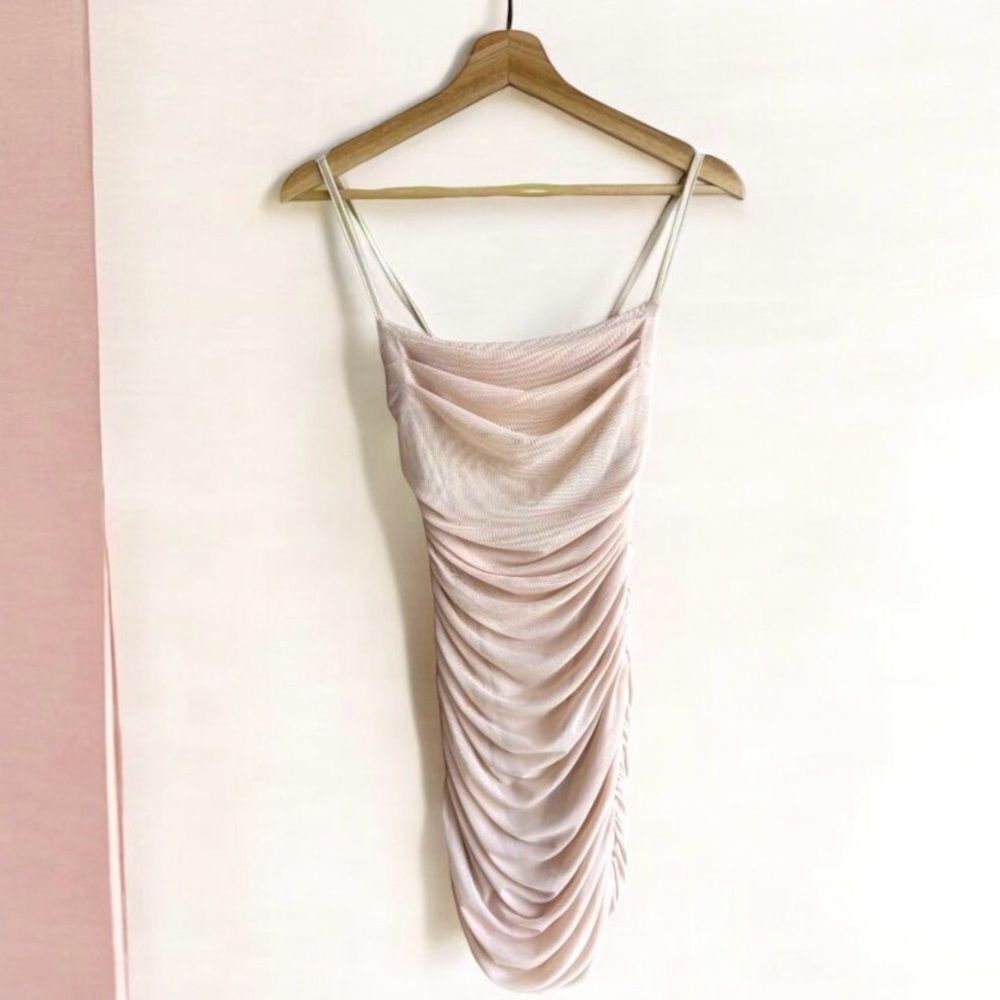Cream Ruched Mini Dress Back Tie Stretch Boutique Bali Resort Coquette - Picture 4 of 4